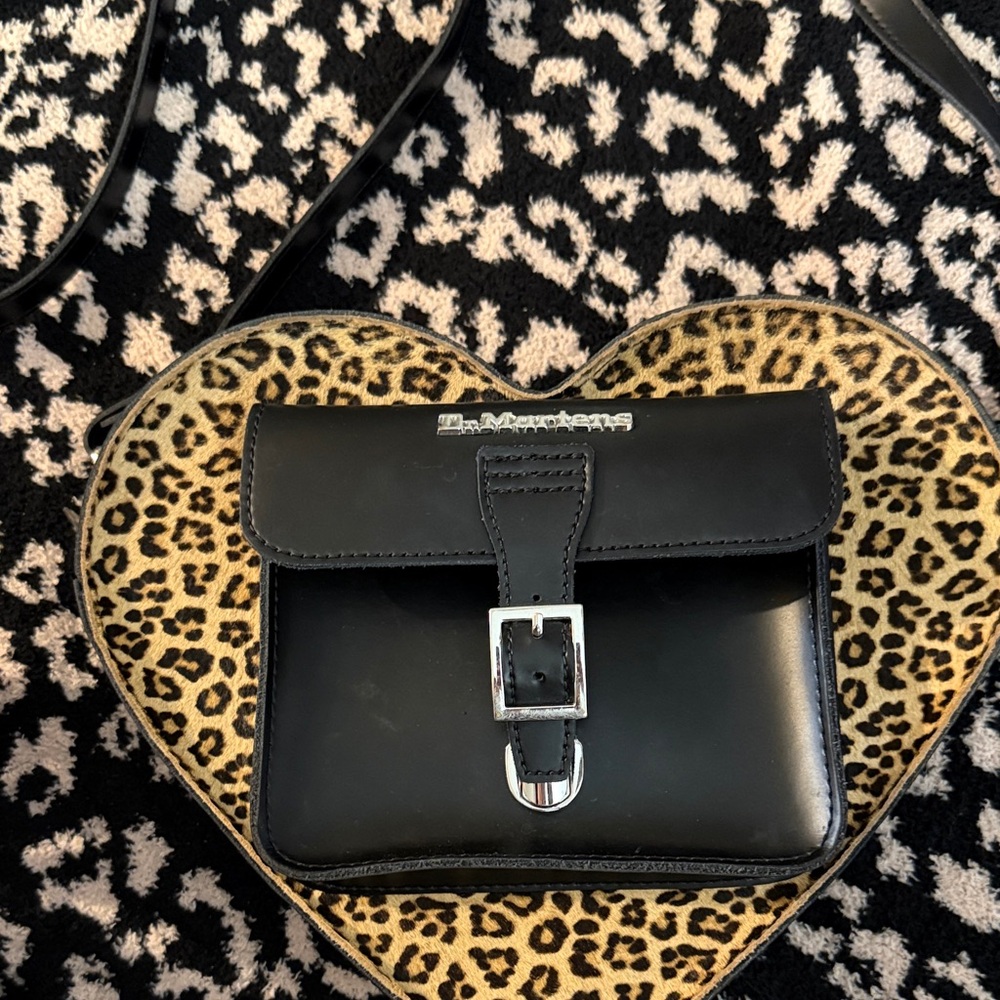 Doc martens heart shaped Black and leopard print Crossbody Bag wSilver Buckle